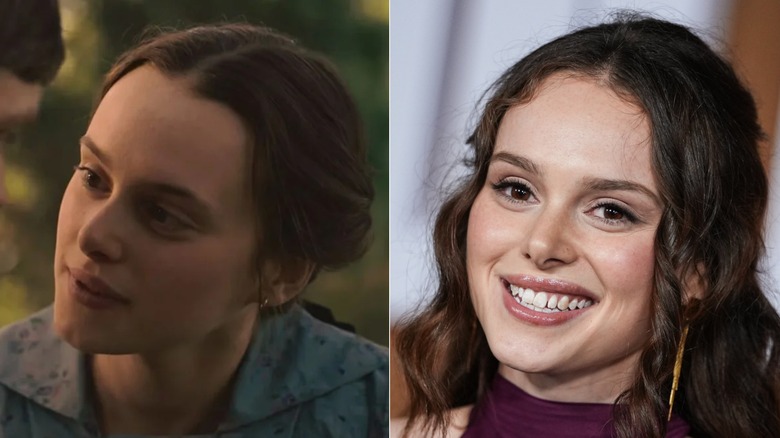 Zoe Phillips som Abra i Netflix 2026 East of Eden (L) & Zoe Phillips i verkliga livet på East of Eden-premiären