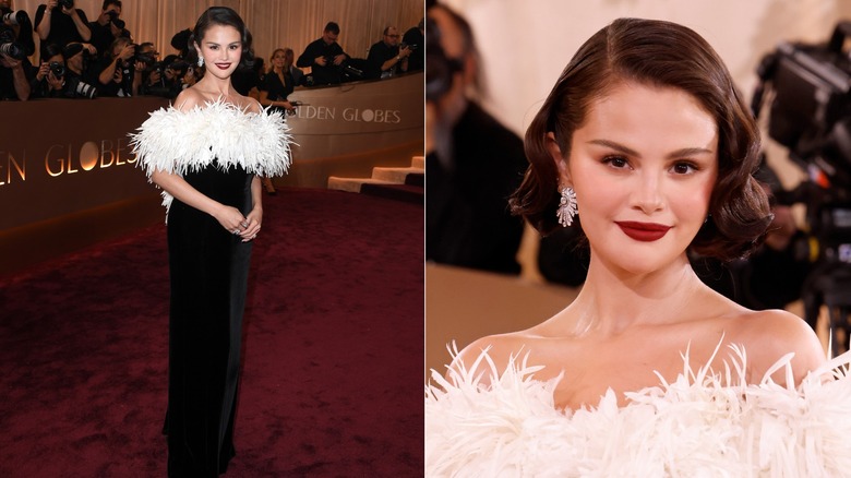 Selena Gomez bär anpassad Chanel-klänning med fjädrar på Golden Globes 2026