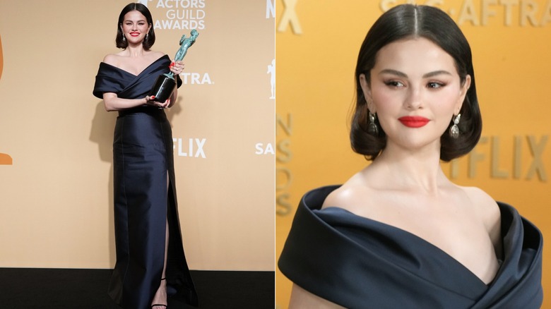 Selena Gomez klädd i en mörkblå Celine-klänning vid SAG Awards 2025