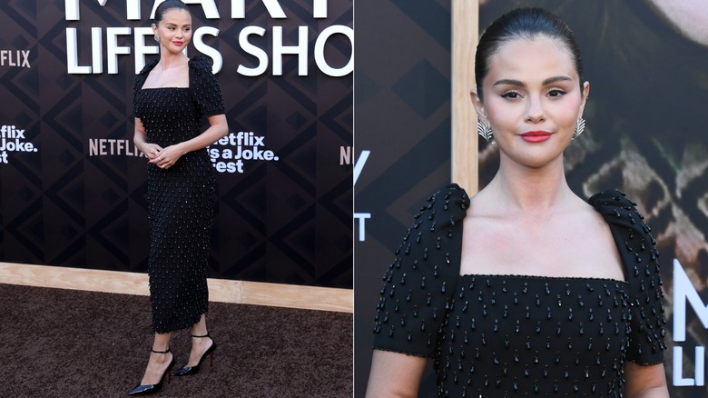 Selena Gomez klädd i en svart Carolina Herrera-klänning med pärlor vid premiären av 