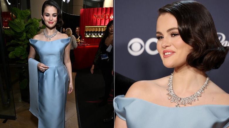 Selena Gomez klädd i en blå Prada-klänning på Golden Globes 2025