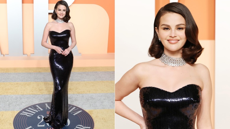 Selena Gomez i en svart Armani Privé-klänning på Vanity Fair Oscarsfest 2025