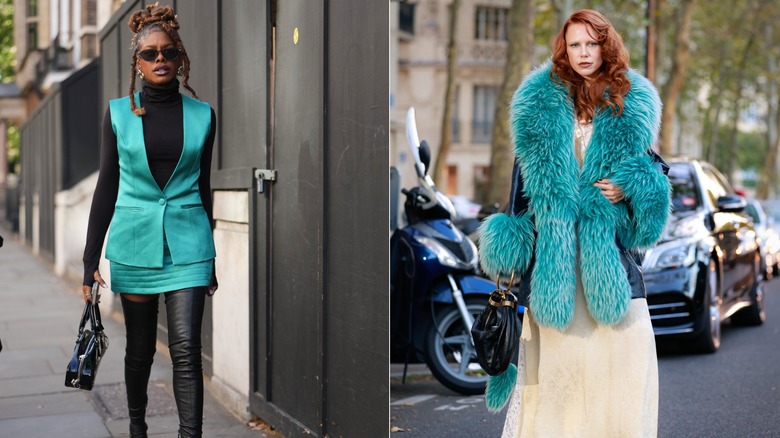 En gäst bär en krickgrön väst och en matchande minikjol och svart polotröja och stövlar under London Fashion Week i september 2026 / En gäst bär en krickfärgad päls och elfenbens maxikjol under Paris Fashion Week i oktober 2025