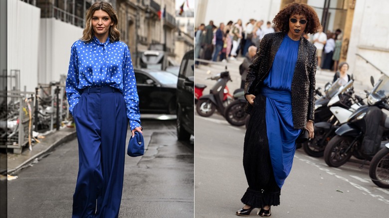 Alisa Volskaya klädd i en blå och vit blus och en prinsessblå byxa under Paris Fashion Week i september 2026 / Karen Blanchard i en svart och koboltblå maxiklänning och svart texturerad jacka under Paris Fashion Week i oktober 2026