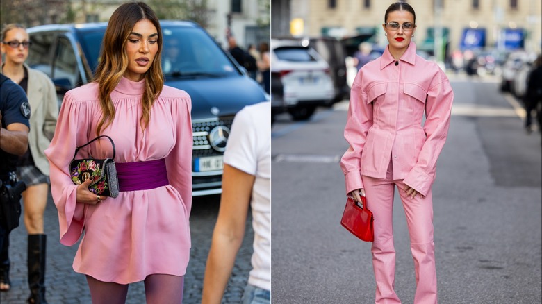 Negin Mirsalehi bär en rosa högringad tunikaklänning med lila skärp under Paris Fashion Week i oktober 2026 / Nina Sandbech bär en rosa jacka och byxor under Milano Fashion Week i februari 2025
