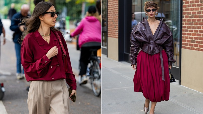 En gäst bär en vinröd blus och bruna byxor i Milano, Italien i september 2026 / Irina Kro Eicke bär en plommon läderjacka och en vinröd midikjol i New York City i september 2026