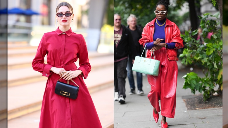 En gäst i en röd långärmad skjortklänning under New York Fashion Week i september 2026 / En gäst bär en röd skinnjacka och röda wide-leg pants och en lila topp under London Fashion Week i september 2026