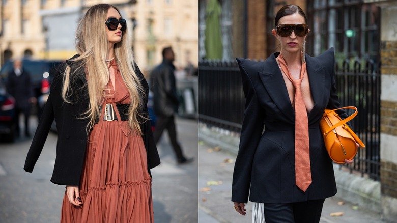 Romee Strijd bär en korall maxiklänning med bälte och svart jacka under Paris Fashion Week i februari 2023 / En gäst bär en överdimensionerad svart kavaj och korallslips i London i september 2026