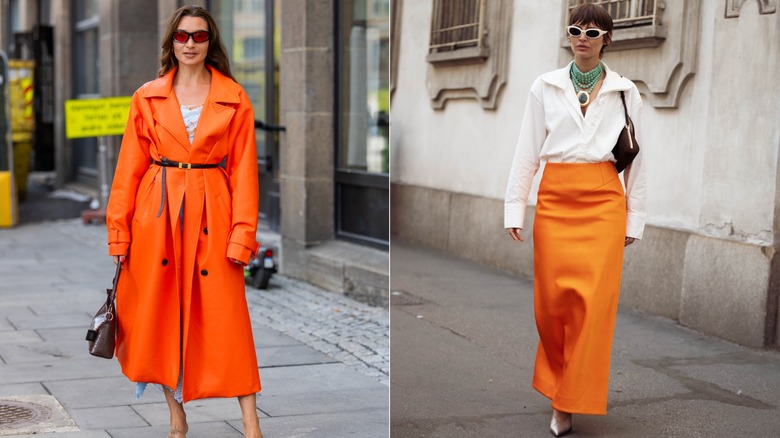 Nora Jabri bär en orange trenchcoat med bälte under Oslo Runway Fashion Week i september 2026 / Irina Kro Eicke bär en vit skjorta med knappar och ljusorange maxikjol under Milan Fashion Week i september 2026