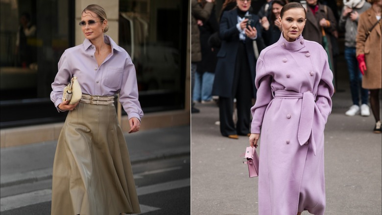 Iryna Thater bär en lavendelskjorta med knäppning och taupe midikjol under Paris Fashion Week i september 2026 / En gäst bär en lavendellila dubbelknäppt ärtrock under Paris Fashion Week i mars 2024