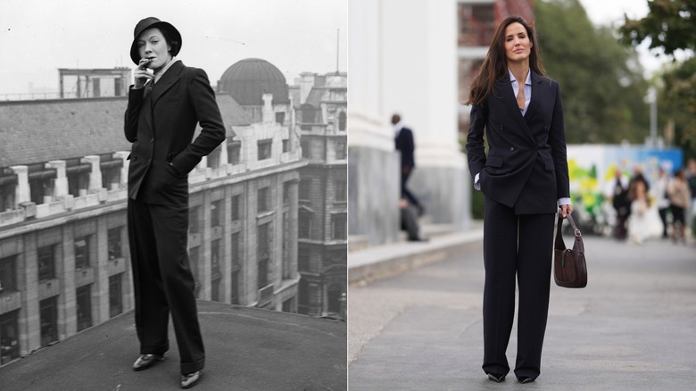 En kvinna på 1930-talet och 2026 iklädd androgyna kostymer