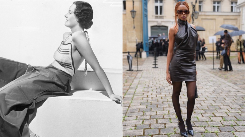 En kvinna på 1930-talet och 2026 klädd i halter neck stilar