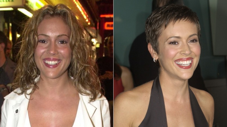 Alyssa Milano med långt hår och en nisse