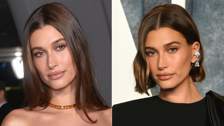 Hailey Bieber med långt hår och en rufsig bob