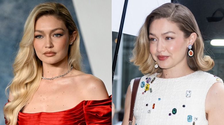 Gigii Hadid med långt hår och med en kort bob