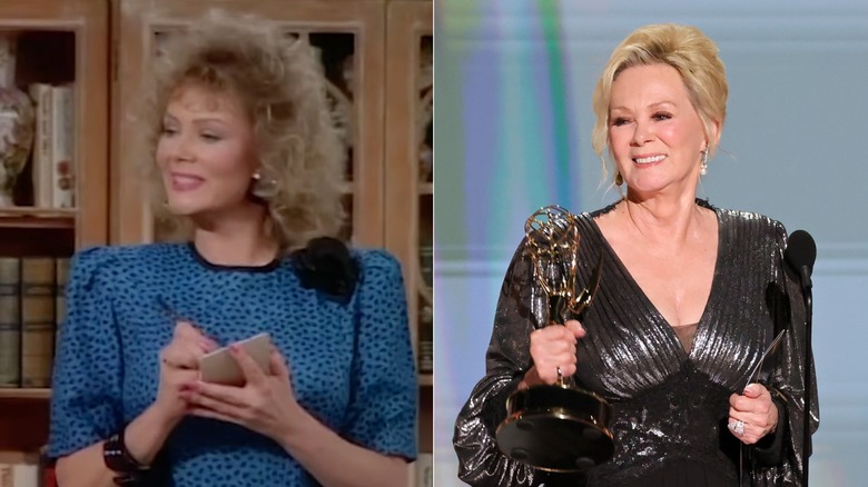 En ung Jean Smart i en blå klänning med en blond bouffant / En äldre Jean Smart i en metallklänning