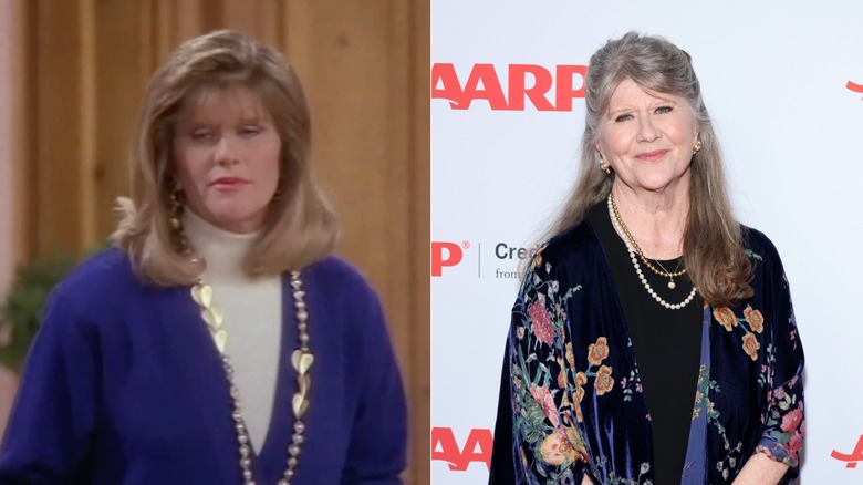 En ung Judith Ivey bär en vit turtleneck och lila kofta / En äldre Judith Ivey bär en blommig sjal