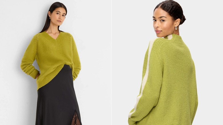 (L) En modell som poserar i Gold Label Cashmere Blend V-ringad tröja från NIC+ZOE; (R) En modell som poserar i SoSoft Sport Mock-Neck Shaker Sweater från Old Navy