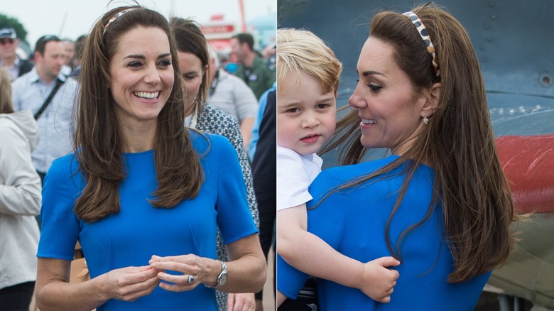 Kate Middleton i en blå klänning och med pannband i juli 2016