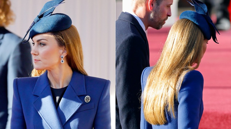 Kate Middleton klädd i blått och rakt hår i december 2025