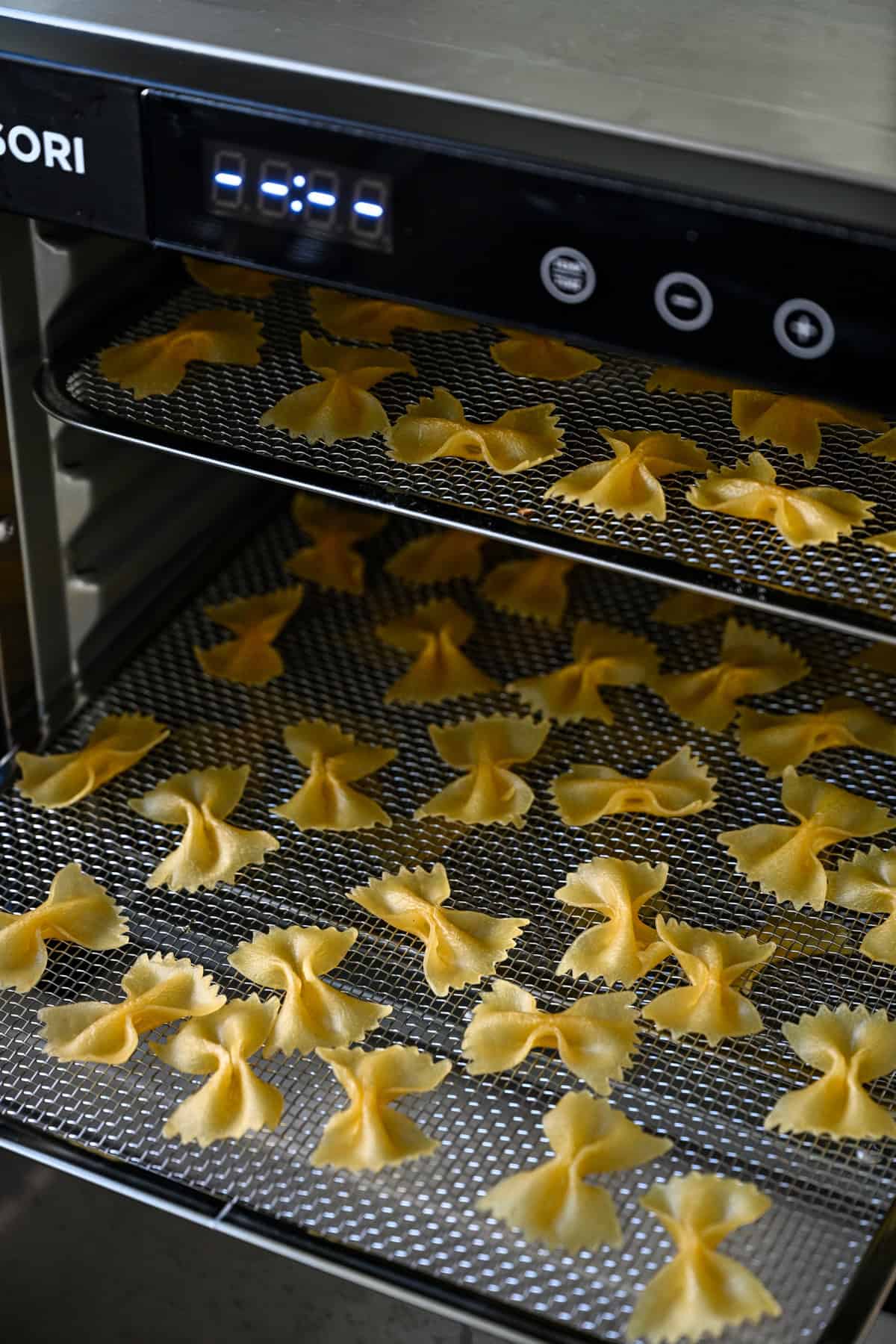 Framifrån av två dehydratorbrickor med fluga pasta som torkar i maskinen.