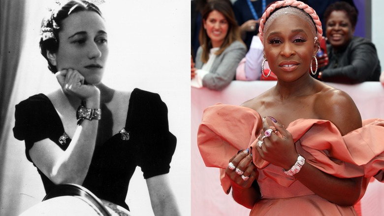 Wallace Simpson på bilden till vänster bär ett art déco-armband och Cynthia Erivo på bilden till höger bär art déco-smycken