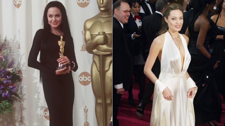 (L) Angelina Jolie vid Oscarsgalan 2000; (R) Angelina Jolie vid Oscarsgalan 2004