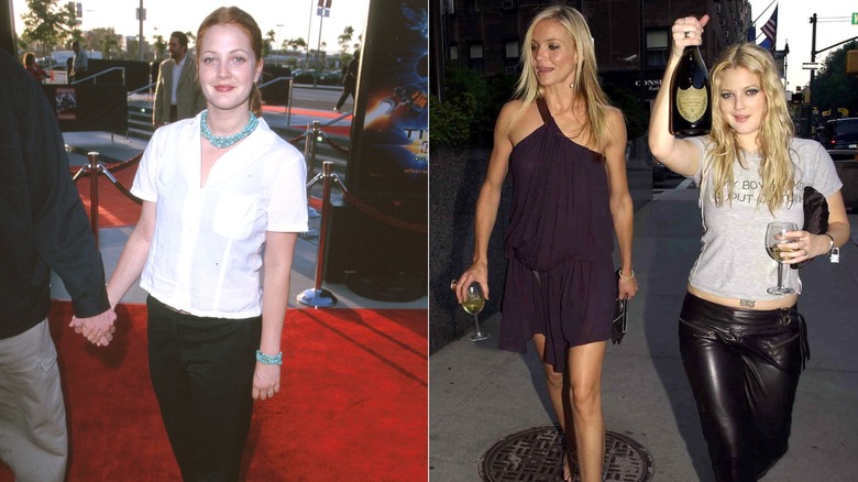 (L) Drew Barrymore på en röd matta 2000 (R) Drew Barrymore och Cameron Diaz 2003