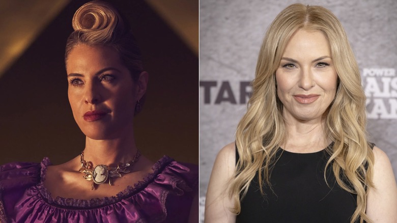 Foton sida vid sida av Leslie Grossman i karaktär på AHS (vänster) och som sig själv på röda mattan (höger)