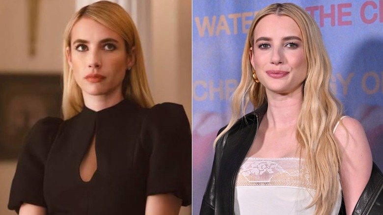 Foton sida vid sida av Emma Roberts i karaktär på AHS (vänster) och som sig själv på röda mattan (höger)
