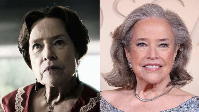 Foton sida vid sida av Kathy Bates i karaktär på AHS (vänster) och som sig själv på röda mattan (höger)
