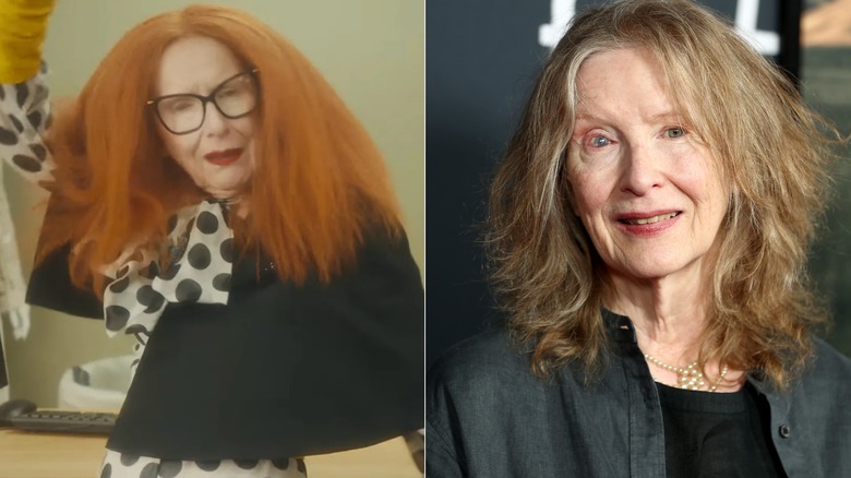 Foton sida vid sida av Frances Conroy i karaktär på AHS (vänster) och som sig själv på röda mattan (höger)
