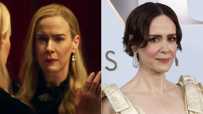 Foton sida vid sida av Sarah Paulson i karaktär på AHS (vänster) och som sig själv på röda mattan (höger)