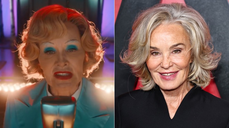 Foton sida vid sida av Jessica Lange i karaktär på AHS (vänster) och som sig själv på röda mattan (höger)