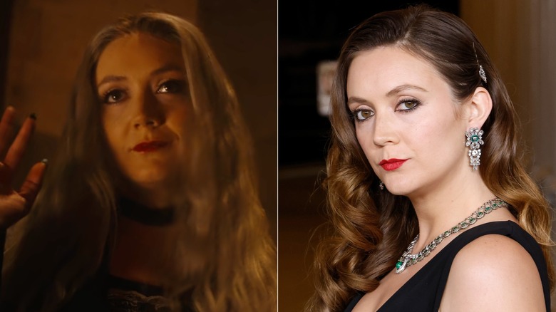 Foton sida vid sida av Billie Lourd i karaktär på AHS (vänster) och som sig själv på röda mattan (höger)