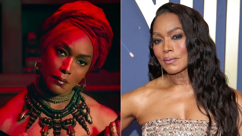 Foton sida vid sida av Angela Bassett i karaktär på AHS (vänster) och som sig själv på röda mattan (höger)