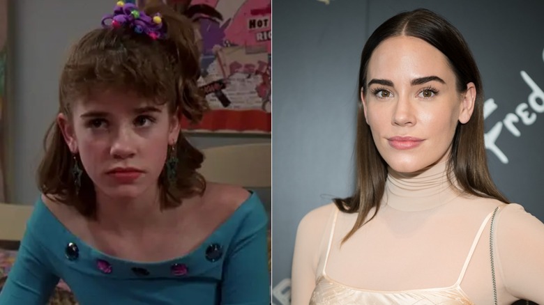 Sida vid sida-bilder av Christa B. Allen som ung skådespelare i 13 Going on 30 (vänster) och som vuxen på röda mattan (höger)