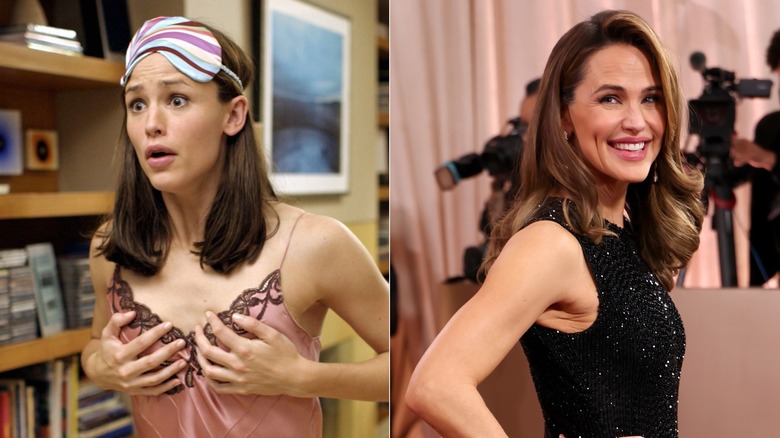 Foton sida vid sida av Jennifer Garner i en scen från 13 Går på 30 (vänster) och poserar på röda mattan (höger)