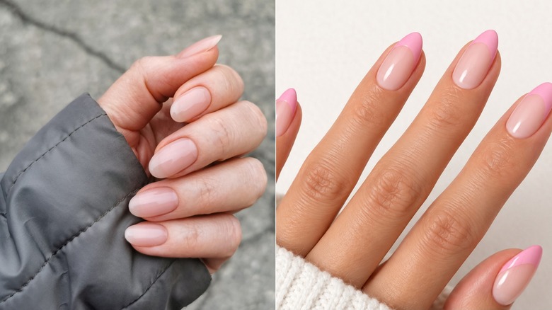 Skira balettrosa naglar bredvid skira rosa naglar med ogenomskinliga rosa spetsar