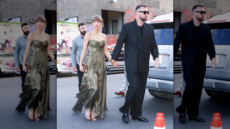 Taylor Swift bär en olivgrön maxiklänning och håller hand med Travis Kelce