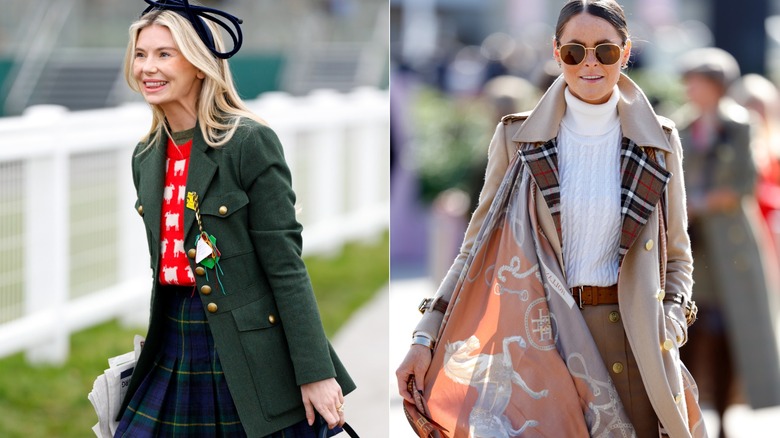 En kvinna som bär en fårstickad med kavaj och tartankjol, bredvid en kvinna som bär en Burberry-grav med en halsduk i hästmotiv