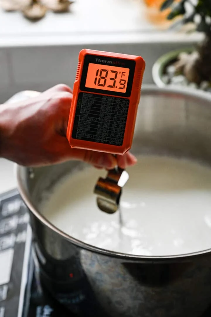 Hand som håller en ThermoPro termometer som visar 183°F över en kastrull med uppvärmd mjölk