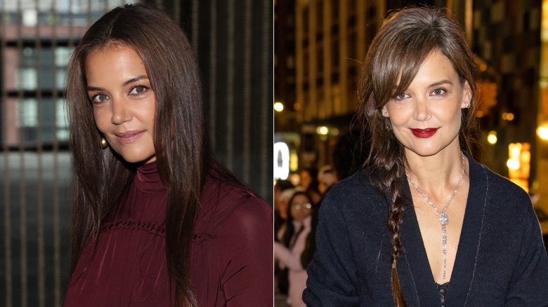 Katie Holmes med rakt brunt hår (L) Katie Holmes med en brun fläta med grå rötter (R)