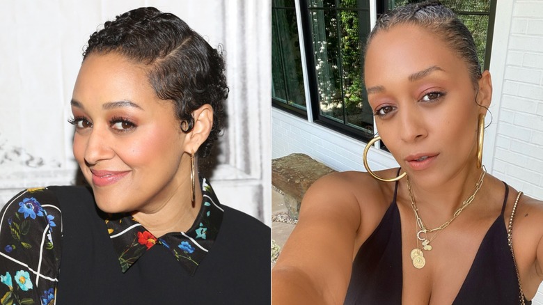 Tia Mowry med en kort svart pixie cut (L) Tia Mowry med två franska flätor och grå rötter (R)