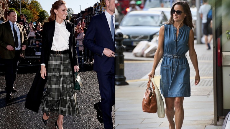 L: Kate Middleton i rutig kjol och volangblus. R: Pippa Middleton i en skiftklänning i jeans