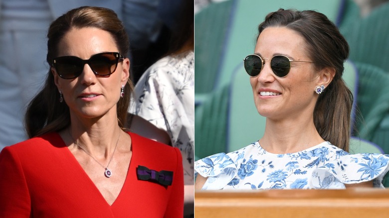 L: Kate Middleton i klassiska solglasögon med en välgörenhetsrosett på sin klänning. R: Pippa Middleton i runda Raybans och hårfläta