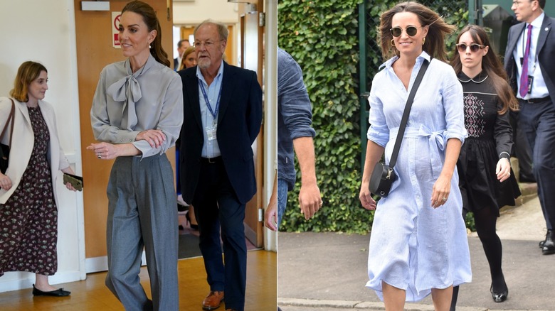 L: Kate Middleton i en polerad blus och grå byxor. R: Pippa Middleton i blå-vitrandig klänning