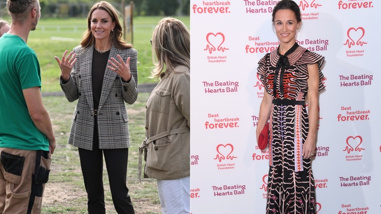 L: Kate Middleton i tweedkavaj och svarta byxor. R: Pippa Middleton i en upptagen mönstrad klänning