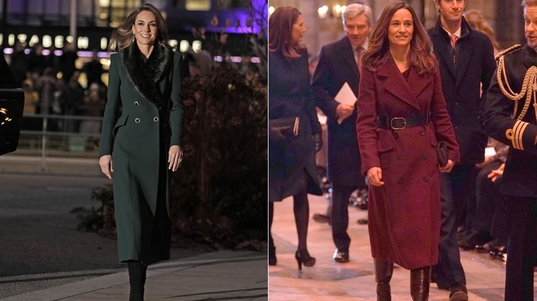 L: Kate Middleton i en djupgrön pälskant. R: Pippa Middleton i djupröd kappa och stövlar