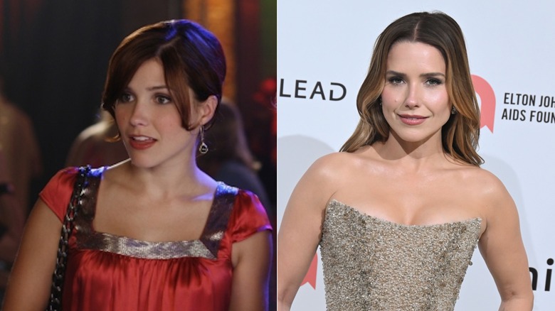 (L) Sophia Bush som Brooke Davis i "One Tree Hill"; (R) Sophia Bush på Elton Johns årliga Oscarsfest 2026